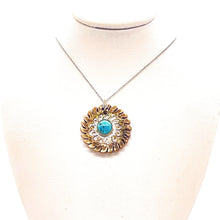 Load image into Gallery viewer, Red Bronze Flower Pendant with Kingman Turquoise on Sterling Chain