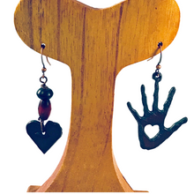 Load image into Gallery viewer, Gypsy Cowgirl Collection, Handmade Earrings, Oxidized Iron Hand and Heart Asymmetrical, Resin and Wood Bead Accents