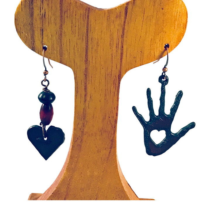 Gypsy Cowgirl Collection, Handmade Earrings, Oxidized Iron Hand and Heart Asymmetrical, Resin and Wood Bead Accents