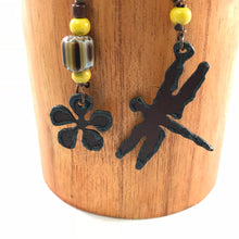 Load image into Gallery viewer, Gypsy Cowgirl Collection, Handmade Earrings, Oxidized Iron, Dragonfly and Flower with Yellow Chevron Glass Beads