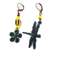 Load image into Gallery viewer, Gypsy Cowgirl Collection, Handmade Earrings, Oxidized Iron, Dragonfly and Flower with Yellow Chevron Glass Beads