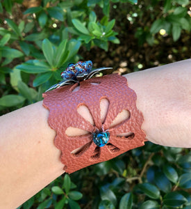 Leather Floral Motif Bracelet with Glass and Stainless Accents, Adjustable,Gypsy Cowgirl Collection,