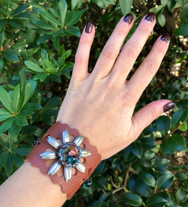 Leather Floral Motif Bracelet with Glass and Stainless Accents, Adjustable,Gypsy Cowgirl Collection,