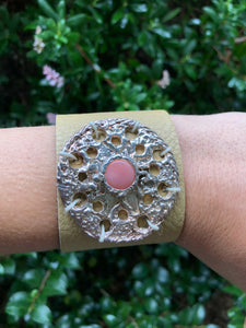 Sterling Silver on Tan Leather Bracelet,  with Interchangeable Center 12mm Stone Harmony Mandala Series