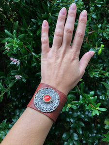 Sterling Silver on Leather Bracelet, Harmony Mandala Series, with Interchangeable Center 12mm Stone
