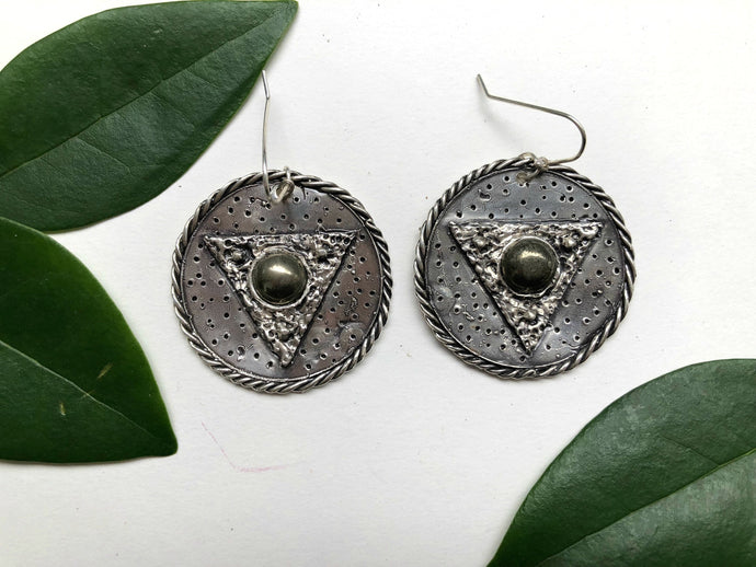 Sterling Silver and Pyrite Medallion Earrings, Harmony Geometric Series H002