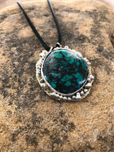 Load image into Gallery viewer, Turquoise and Sterling Silver Flower Pendant on Black Leather