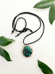 Turquoise and Sterling Silver Flower Pendant on Black Leather