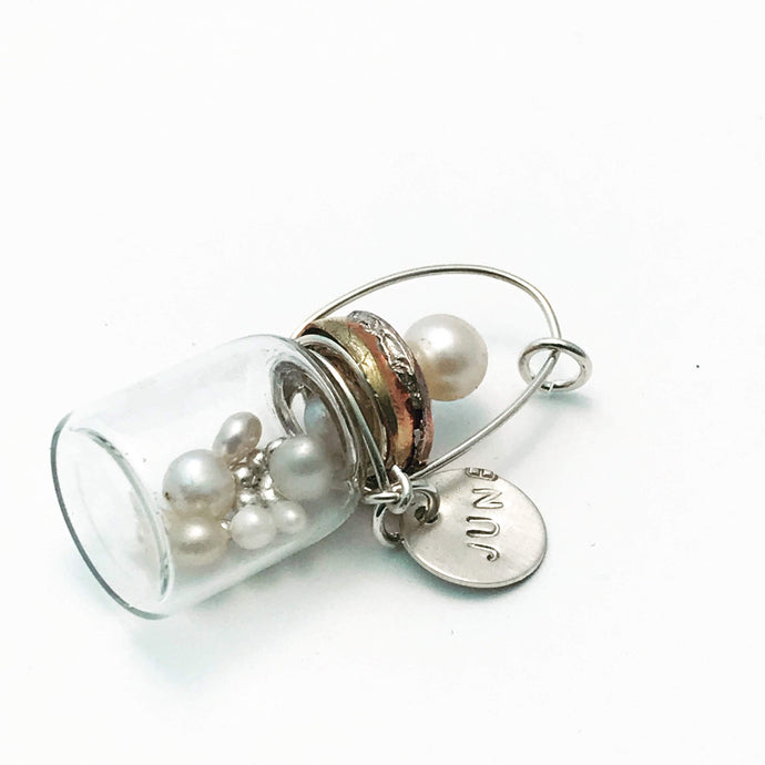 June Birthstone Pendant - Birthstones in a Bottle - Vial Necklace -Freshwater Pearl, Glass, Brass and Sterling Silver Handmade