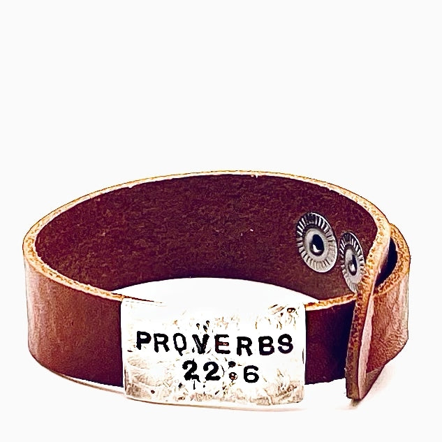 Proverbs 22:6 Sterling Silver Bible Verse on Brown Leather Wide Bracelet
