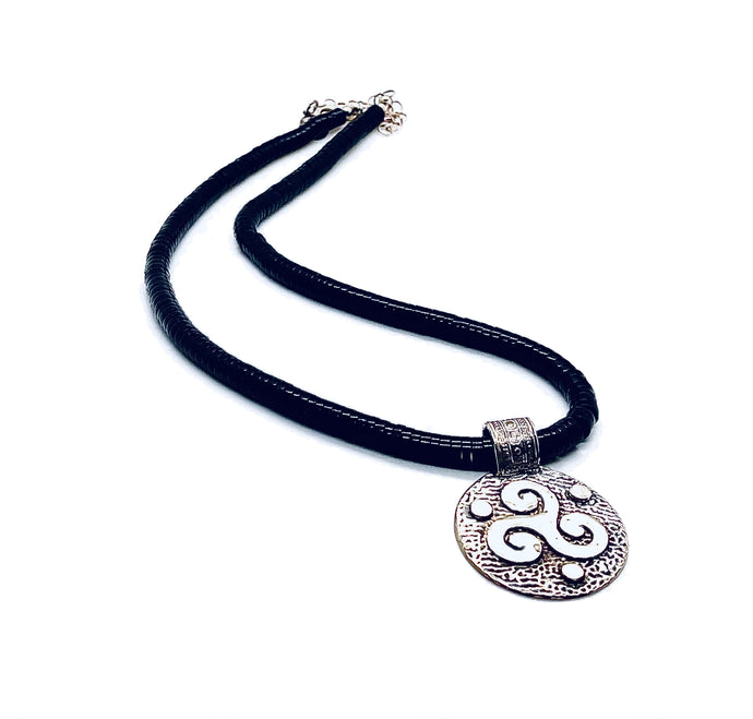 Sterling Silver Triskelion Pendant on Graduated Jet Heishi Bead Necklace