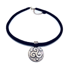 Load image into Gallery viewer, Sterling Silver Triskelion Pendant on Graduated Jet Heishi Bead Necklace